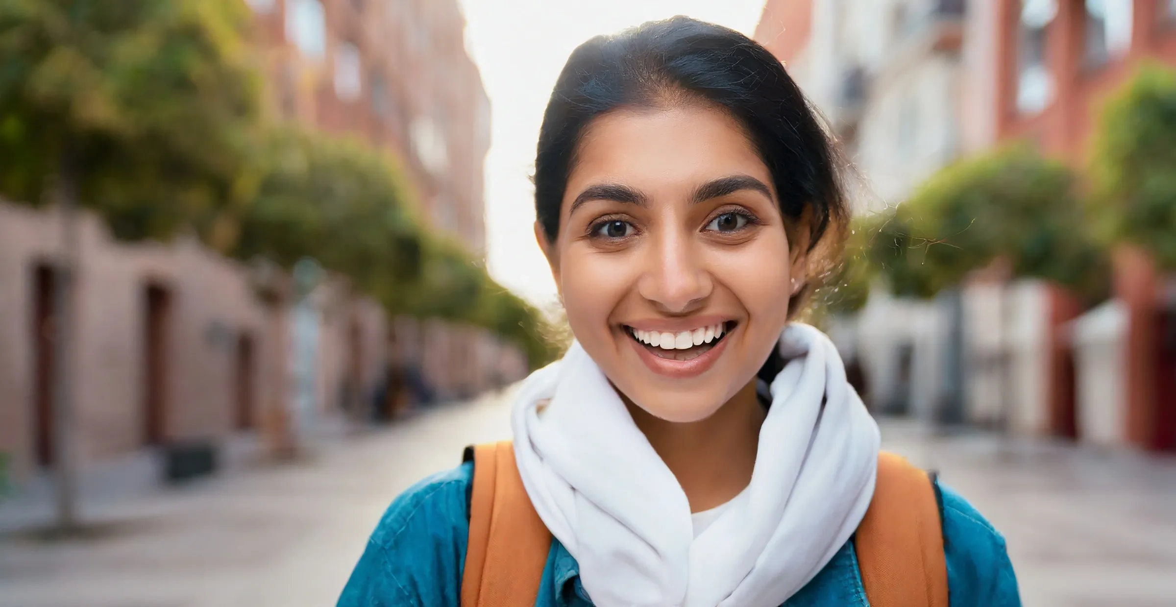 young college student, ethnic woman with clear vision