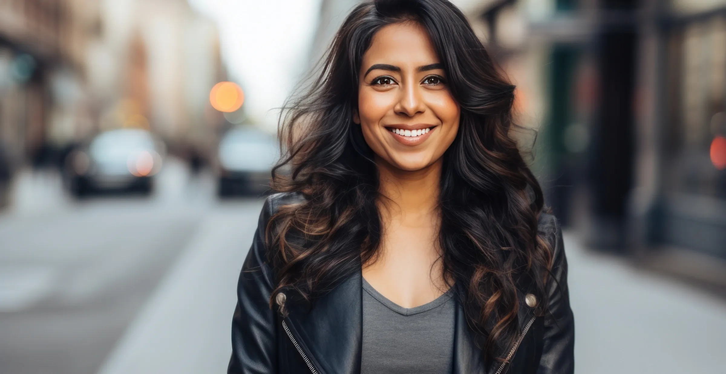 portrait of young joyful woman with improved vision walking downtown